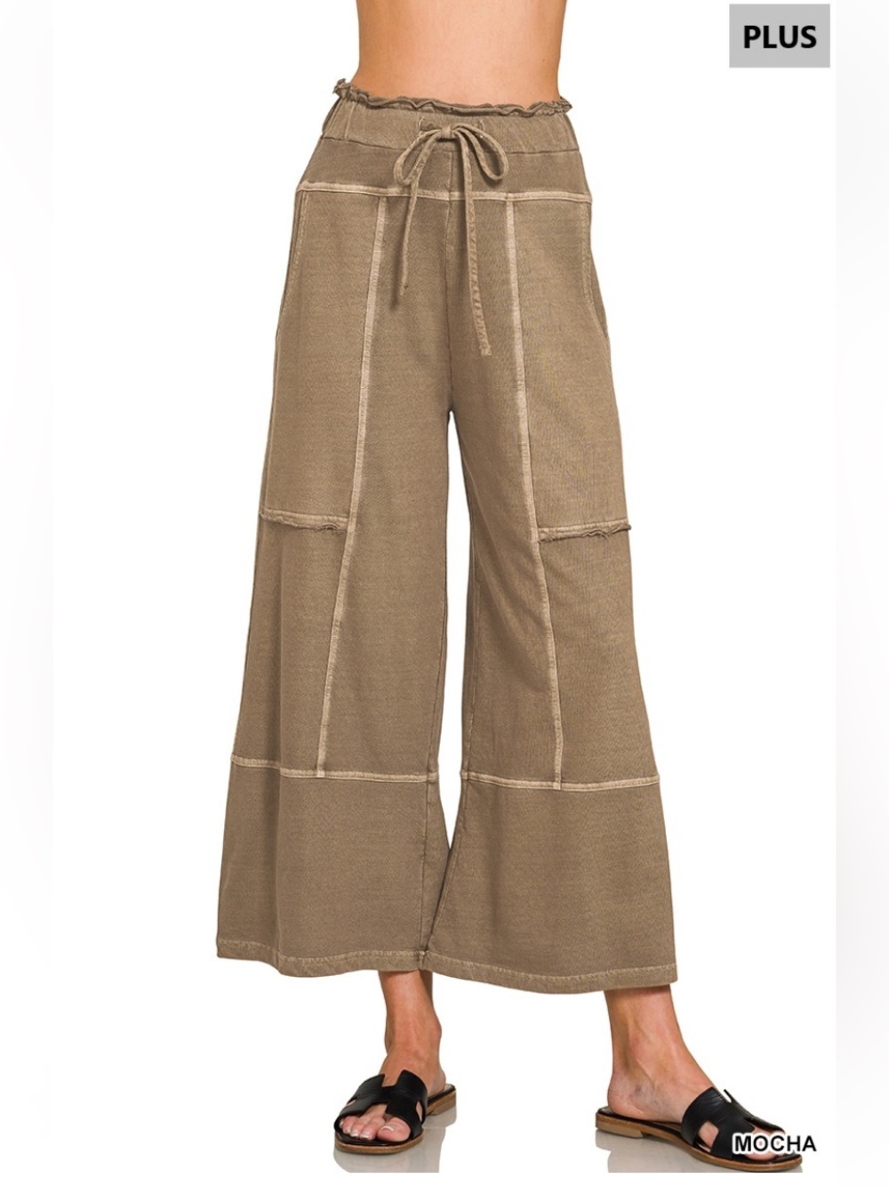 1X - 3X 384 ❤️Zenana mocha PLUS FRENCH TERRY WASHED EXPOSED-SEAM WIDE LEG
PANTS